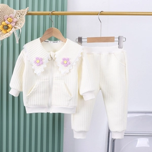 Girls' casual tracksuit with waffle texture, lace collar and zip-up hooded jacket set