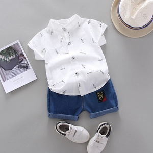 Toddler Boys Summer Clothing Set Short Sleeve Pencil Print Lapel Shirt and Denim Shorts Kids Casual Two-Piece Outfit