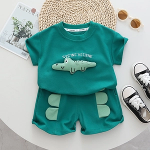 Toddler Boys Summer Cotton Clothing Cartoon Crocodile Print Short Sleeve T-Shirt And Shorts Outfit For Casual Daily Wear