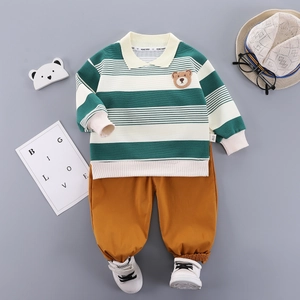 Toddler Boy Casual Outfit Striped Polo Long Sleeve Pullover And Brown Trousers Soft Cotton Spring Autumn Fashion Clothes
