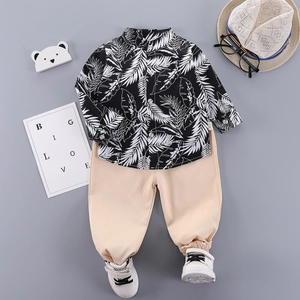 Boys Retro Tropical Palm Leaf Print Long Sleeve Shirt And Pants Set Cotton Holiday Fashion Matching Outfit Toddler Kids