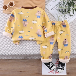 Fleece lined kids thermal underwear set with ginger yellow cartoon bear print