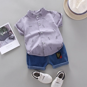 Boys short sleeve lapel printed shirt and denim shorts two-piece summer outfit set