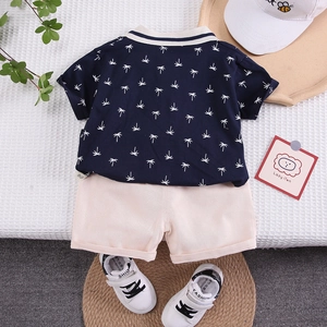 Toddler boys navy palm tree printed short sleeve shirt and beige shorts summer set