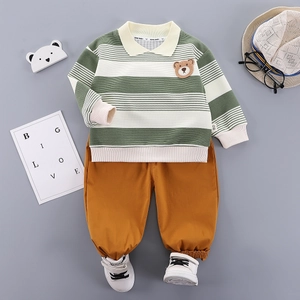Baby boy striped long sleeve polo shirt and khaki pants two-piece spring outfit set