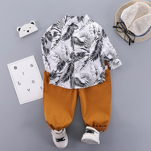 Retro palm print long sleeve shirt and brown pants set for boys in vintage harbor style
