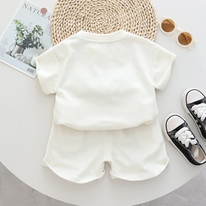 Toddler boys casual cream waffle knit cotton summer outfit with T-shirt and shorts