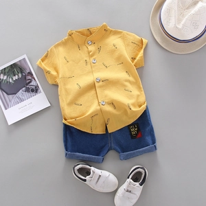 Toddler summer set with yellow printed short sleeve shirt and blue denim shorts