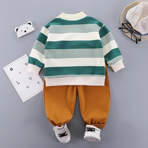 Baby boy green striped long sleeve top and brown pants set for spring and autumn