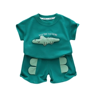 Kids boys summer set with dark green crocodile embroidery short sleeve tee and shorts