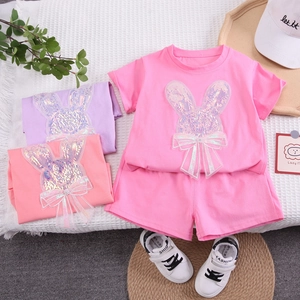Ensemble de Vêtements d'Été pour Petites Filles T-Shirt en Coton à Manches Courtes Lapin à Paillettes Et Short à Nœud