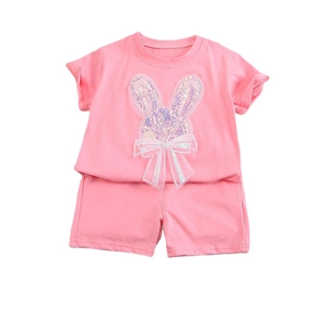 Ensemble d'été pour filles avec t-shirt lapin à paillettes rose et short assorti