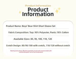 Size chart and fabric details for boys bear shirt set with cotton and polyester material