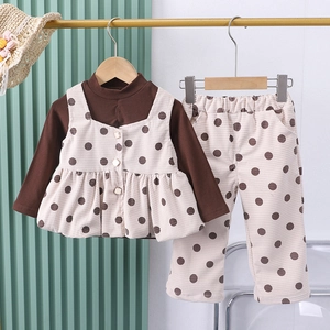 Completo Autunnale da Bambina 3 Pezzi Gilet a Pois Top a Maniche Lunghe e Pantaloni Stile Coreano Cotone Trama a Nido d'Ape