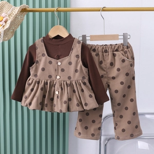 Completo autunnale da bambina 3 pezzi con gilet a pois marroni, pantaloni e maglia