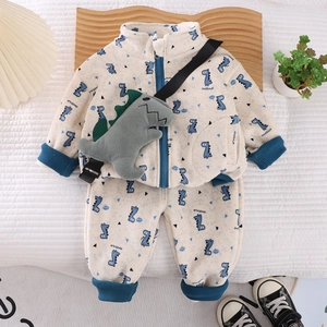 Toddler Fleece Dinosaur Print Thickened Warm Jacket And Pants For Boys Girls Winter Casual Outfit Clothing Set