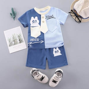 Boys summer two-piece cotton set with blue color block T-shirt and matching shorts