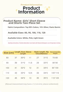 Tableau des tailles pour ensemble fille avec haut en coton et short en jean d'été