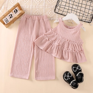 Girls Summer Clothing Set Sleeveless Ruffle Top Wide Leg Straight Pants Soft Polyester Breathable Casual Solid Color Outfit