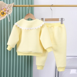 Girls waffle knit 2-piece set in pale yellow with white lace collar and pants