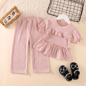 Girls Summer Ruffle Short Sleeve Top And Wide Leg Pants Two Piece Set Solid Color Pleated Texture Kids Casual Outfit