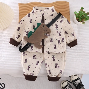 Kids warm fleece two-piece dinosaur tracksuit set with matching plush crossbody bag