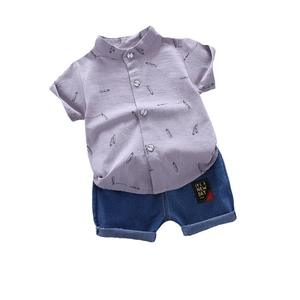 Kids lavender lapel shirt with pencil prints and classic cuffed denim shorts two-piece set