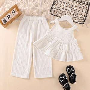 Kids white cotton sleeveless ruffle top and high-waisted wide-leg pants two-piece set