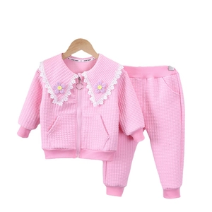 Pink waffle knit toddler girl tracksuit set with lace collar and zipper jacket