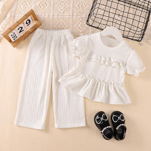 Girls' white ruffle short sleeve top and wide-leg pants summer two-piece outfit set