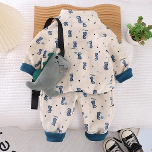 Children's thick fleece dinosaur print tracksuit set with matching plush dinosaur bag