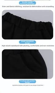 Detail of elastic waistband, side pockets and double-needle stitching on boys' pants