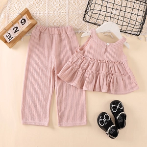Pink sleeveless ruffled top and high-waisted cotton linen trousers set for girls