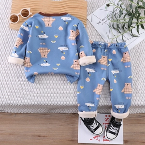 Fleece lined kids thermal pajama set in light blue with cartoon bear print