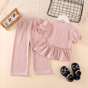 Pink girls ruffle short sleeve top and wide leg pants two-piece cotton set summer outfit