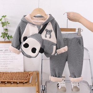 Winter fleece children plaid tracksuit with bear embroidery and panda shoulder bag