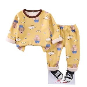 Fleece lined kids thermal pajama set with cartoon bear print in yellow two-piece set