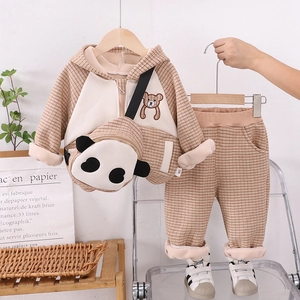 Winter fleece children tracksuit with teddy embroidery and panda crossbody bag