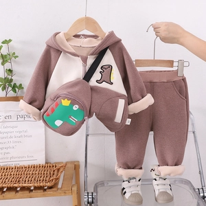 Jungen Winter Dinosaurier Fleece Kapuzenjacke Und Hosen Set Wattiert Warmes Outfit Mit Süßer Umhängetasche Baby Kleidung