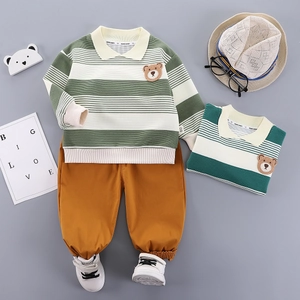 Striped green baby boy polo knit sweater with yellow pants and bear patch set