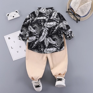 Boys retro tropical leaf shirt with khaki joggers and white sneakers outfit set