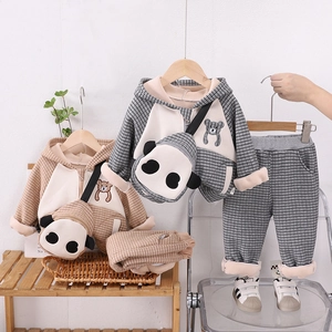 Toddler Kids Winter Fleece Plaid Hoodie Pants Set Panda Crossbody Bag Bear Embroidery Thick Warm Baby Clothes Outfit