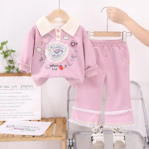 Girls Sweet Pink Sweatshirt Pants Set Cartoon Bear Print Lace Hem Polo Collar Cotton Casual Long Sleeve Two Piece Clothing Set