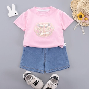 Ensemble de Vêtements d'Été pour Filles T-Shirt en Coton Brodé et Short en Jean Nouveau Style Chinois Tenue pour Enfant