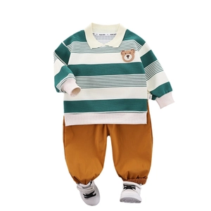 Toddler boy striped long sleeve polo shirt and brown jogger pants two-piece outfit set