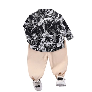 Boys retro palm leaf print shirt with casual khaki joggers and white sneakers outfit set