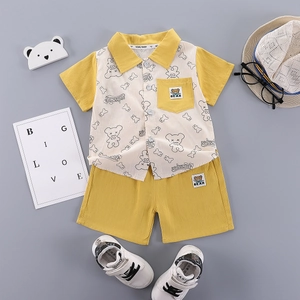 Summer boys cartoon bear short sleeve shirt and shorts two-piece cotton outfit set
