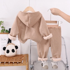Winter fleece toddler set featuring brown checkered hoodie, pants and panda plush bag