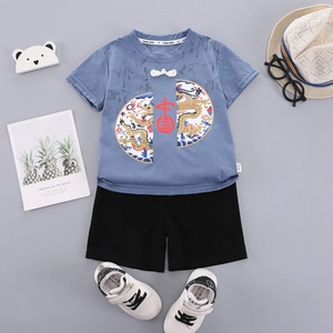 Boys summer Hanfu set with dragon print short sleeve T-shirt and black shorts set