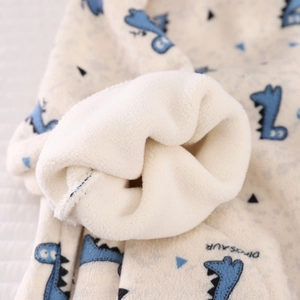Detail of warm fleece lining and dinosaur print on thick thermal kids' clothing set